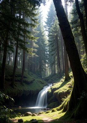 Waterfall in Forest Nature