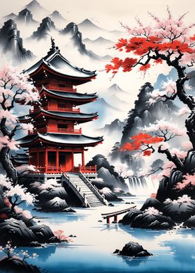 Japanese Temple Ink Wash