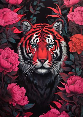 Tiger in pink flowers