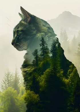 Cat Double Exposure Forest