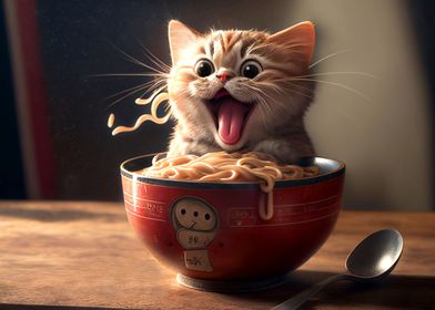 Funny cat eating ramen