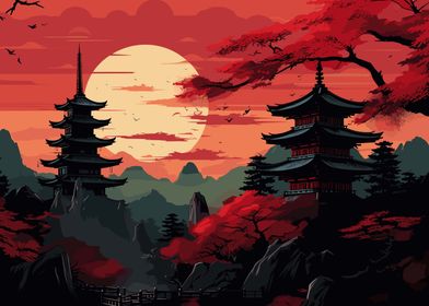 Japan Landscape Red Black