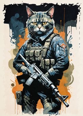 Cat Soldier Holding Rifle