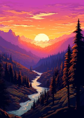 Forest Sunset Pixel Art