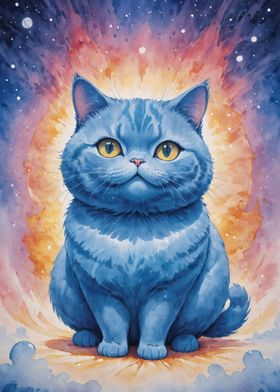 Cosmic Blue Watercolor Cat