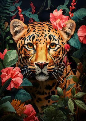 Tropical Floral Jaguar Cat