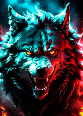 wolf neon light art poster