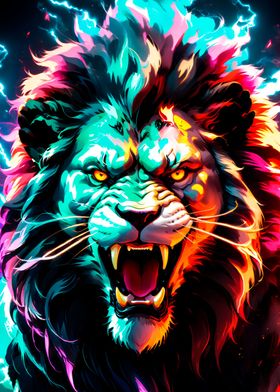 lion neon light art poster