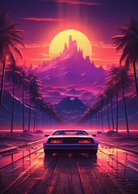 Synthwave Retro Car Sunset