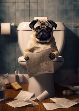 Pug Dog on the Toilet