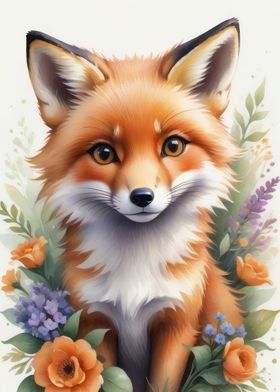Watercolor floral fox
