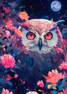 owl among flowers at night