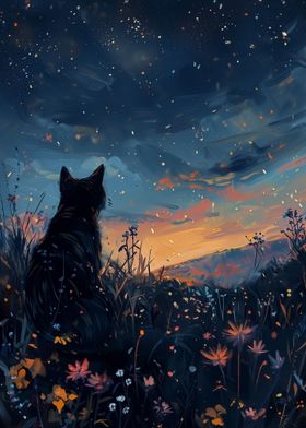 Field sunset black cat