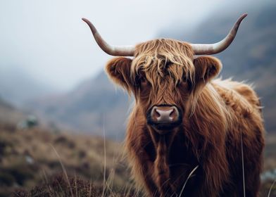 Highland cow in mountains