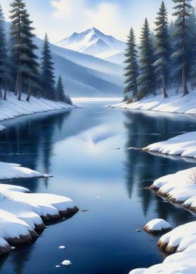 Winter river oil painting
