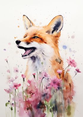 Fox Flowers Watercolor