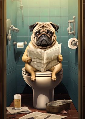 pug dog on the toilet