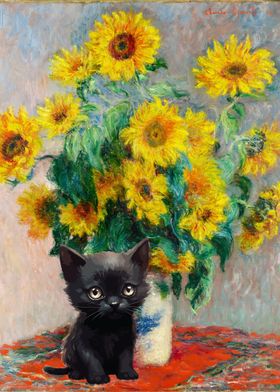 Monet Sunflowers Vase Cat