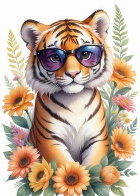 Watercolor floral tiger
