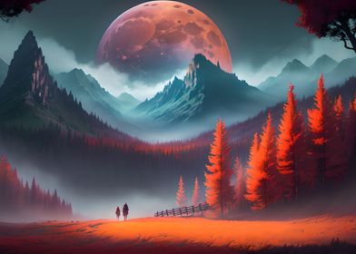 Mountain Red Fantasy Moon 