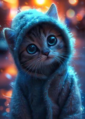 kawaii cat in blue onesie
