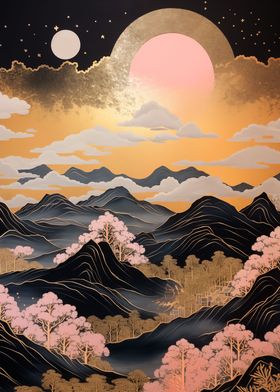 Mountains and Pink Sun