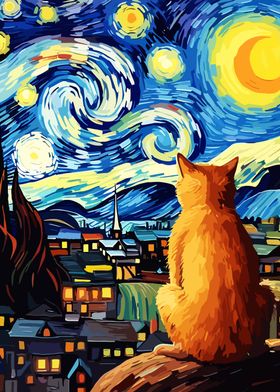 Cat night Starry Art