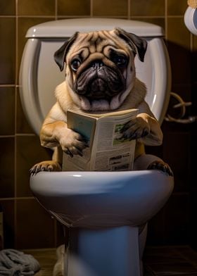 pug dog on the toilet 