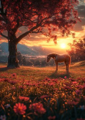 friesian horse in sunset 