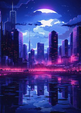futuristic city moon night