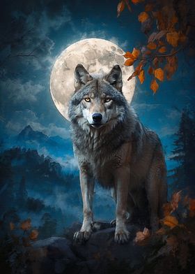 Wolf under full moon