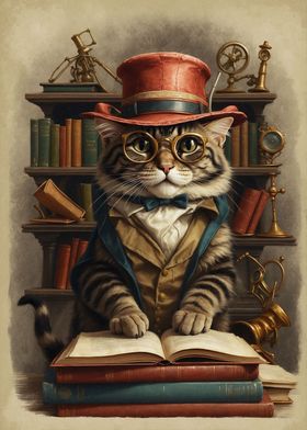 Clever Steampunk Book Cat