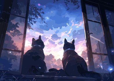 Anime Stargazing Sky Cats