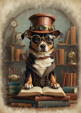 Clever Steampunk Book Dog 