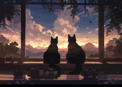 Anime Sunset Sky Cats