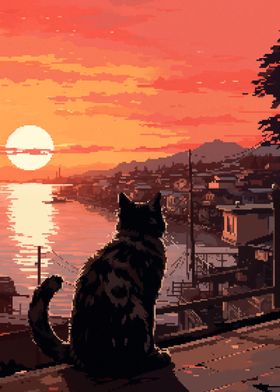 Sunset cat pixel art