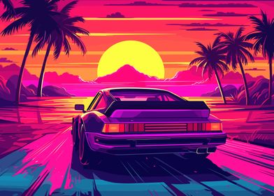 synthwave retro car sunset