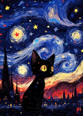 Cat night Starry Art