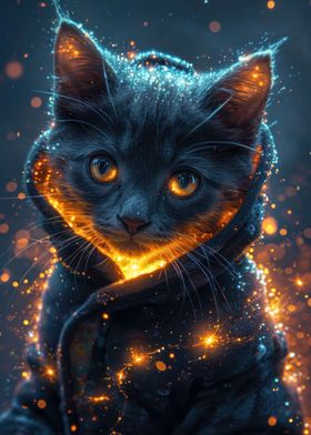 magical grey cat glowing