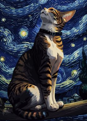 Cat night Starry Art