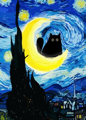 Black Cat night Starry Art