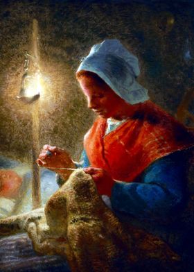 Woman Sewing by Lamplight