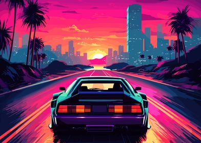 synthwave retro car sunset