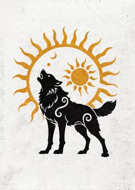 Howling wolf at the sun