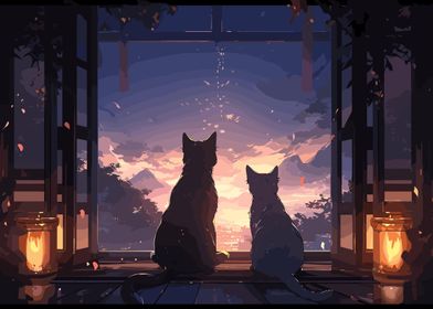 Anime Sunset Village Cats