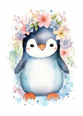 Floral Penguin Watercolor