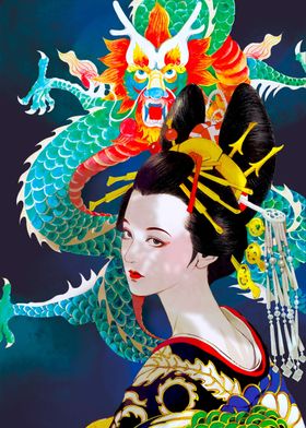 Dragon and Japanese Geisha