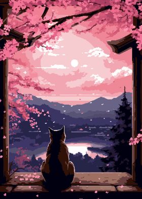 Sakura Zen Cat Pixel Art