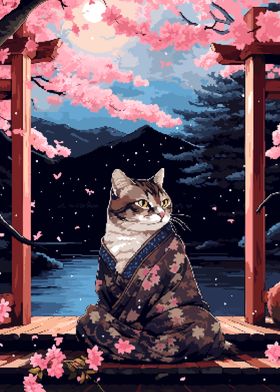 Zen Kimono Cat Pixel Art