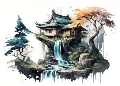 Asian ink landscape house